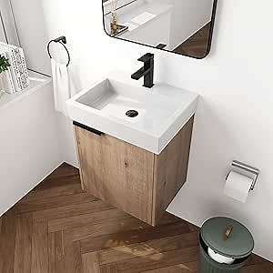 18" Bathroom Vanity with Sink, 18 Inch Floating Vanity with Soft-Closing Door, Modern Single Sink Bathroom Vanity Combo, Brown Wall Mounted Storage Cabinet Set for Small Space(BN-015)