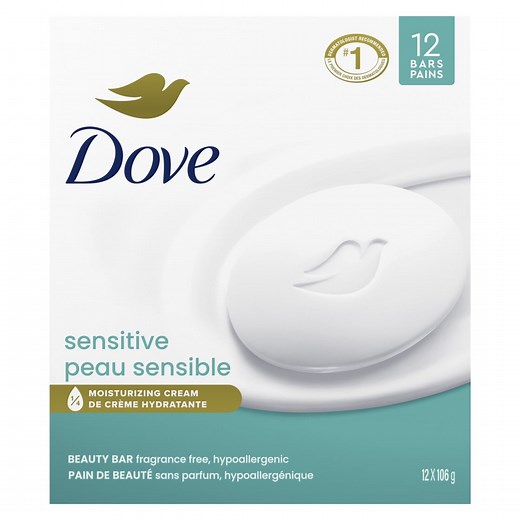 Dove Sensitive Beauty Bar Soap, Fragrance Free & Hypoallergenic, For Sensitive Skin, 3.75 oz, 12 Bars