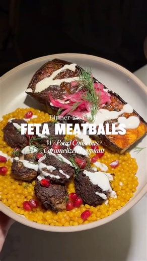 Danielle | Dinner idea #141 - Feta Meatballs w/ Cumin Seed Pearl Couscous + Aubergine Recipe/Inspo: @julieandamy_ Rough Recipe: - Meatballs: ground... | Instagram