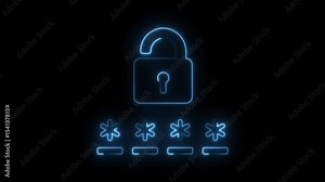 Glowing outline animation showing unlocked padlock and asterisk password fields on black background