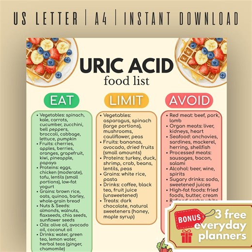 Uric Acid Food List Printable, Low Purine Diet Chart & Gout Grocery Guide, Purine Food Chart PDF, Instant Download Planner - Etsy
