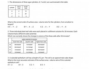The dimensions of three agar cylinders, X , Y and Z, are summar... | Filo