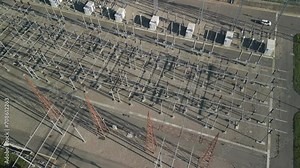 Aerial view of electrical substation, high-voltage electrical substation equipment