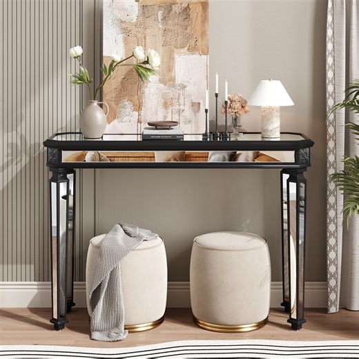 Atumcto Mirror Console Table with Vintage Wood Grain Carving, Elegant Entryway Sofa Table for Living Room