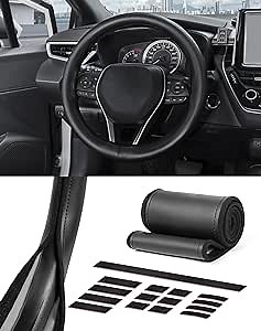 SEG Direct Steering Wheel Cover for Car, Velcro Tape Wrap, Fits Standard Large Size 14 1/2" - 15 1/2", Black Microfiber Leather