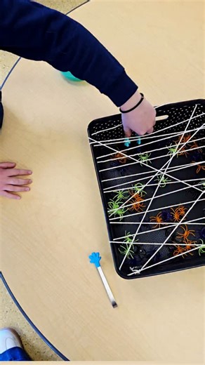 2.2K views · 12 reactions | A fun and easy fine motor activity perfect for October! . Take a small storage bin that has holes on the side and run string or yarn through it to create a web. . Inside the web place manipulatives such as spiders. . Use a tongs to pull them out through the web! . Comment SPIDER and I will send you a link to the the spiders I used! | Physical Activity & Motor Development for Kids by Pink Oatmeal | Facebook