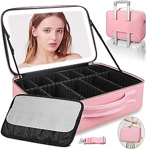 Upgraded Large Travel Makeup Bag with LED Mirror, 15” Professional Makeup Case with 3 Color Modes Dimming Lighted Mirror, Light up Cosmetic Make up Organizer with PU Leather Cover, Adjustable Dividers