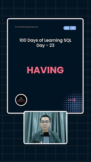 100 Days of Learning SQL Episode 23 WHERE လို Filter လုပ်တာချင်းတူပေမယ့် အသုံးမတူတဲ့ HAVING Column တွေကို Aggregation အတွက်အချက်တွေလုပ်ပြီးရလာတဲ့ Result ကိုမှ Filter ပြန်ခံချင်ပါတယ်ဆိုရင် WHERE သုံးလို့မရပါဘူး။ HAVING သုံးရပါတယ်။ ဒါလေးကိုကြည့်လိုက်ကြရအောင်ဗျာ။ ကျေးဇူးပါ။ နောက်ပို့စ်မှာတွေ့တာပေါ့။ #theanalystperspective #knowledgesharing #dataanalyst #dataanalytics #SQL | The Analyst Perspective
