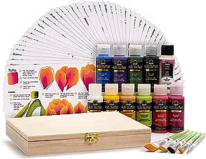 FolkArt One Stroke A to Z of Floral Painting Kit, Including 10 Multi-Surface Paints, 5 Brushes, 50 Full-Color Teaching Guides, Floating Medium, and 1 Wood Storage Box