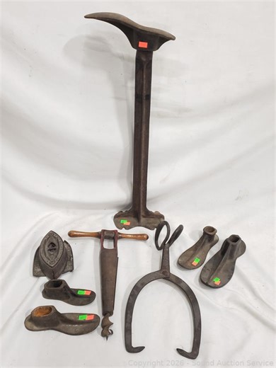Antique Shoe Cobblers Anvil, Ice Tongs, Barrel Bung Borer, Sad Iron
