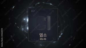 Chlorine as Element 17 of the Periodic Table. Seamlessly looping 3D animation on silver illuminated atom design background orbiting electrons name, atomic weight element number in Korean language