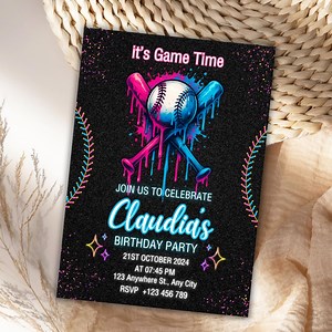 Neon Baseball Birthday Invitation: Editable Glow Party Invite (digital) - Etsy