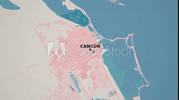 Zoom in on the map of Cancún City in Mexico, with text. Cinematic digital abstract 3d world map animation highlights aerial views, tourism, and travel. 4k