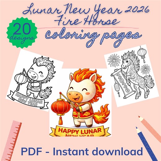 Lunar New Year 2026 Coloring Pages Fire Horse | Chinese Zodiac Horse Coloring Book | Printable A4 US Letter PDF 20 Pages - Etsy