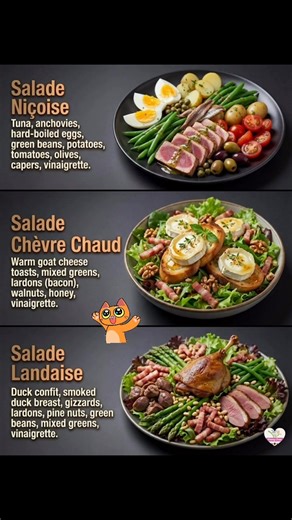 3 Classic French Salads (Full Recipes) 1) Salade Niçoise Ingredients Tuna 6 oz (170 g) (canned in olive oil, drained, or seared tuna) Anchovy fillets 6–8 Eggs 2 large Green beans 6 oz (170 g), trimmed Baby potatoes 10–12 oz (300–350 g) Cherry tomatoes 1 cup, halved Niçoise olives or Kalamata 1/3 cup Capers 1 tbsp Mixed greens or romaine 3–4 cups (optional base) Vinaigrette Olive oil 1/3 cup (80 ml) Red wine vinegar 2 tbsp Dijon mustard 1 tsp Garlic 1 small clove, minced (optional) Salt 1/2 tsp B