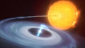 • Astronomers Discover Micronovae • New Kind of Stellar Explosion 20.4.2022 VIDEO: (See post comments for video of different point of view) - This video shows an animation of a micronova explosion. The blue disc swirling around the bright white dwarf in the centre of the image is made up of material, mostly hydrogen, stolen from its companion star. Towards the centre of the disc, the white dwarf uses its strong magnetic fields to funnel the hydrogen towards its poles. As the material falls on th