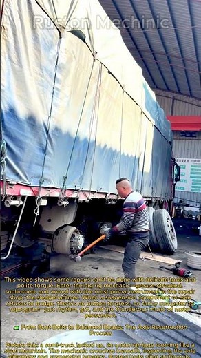 Mechanic Fixing a Big Rig Truck Axle Using a Sledgehammer on the Suspension
