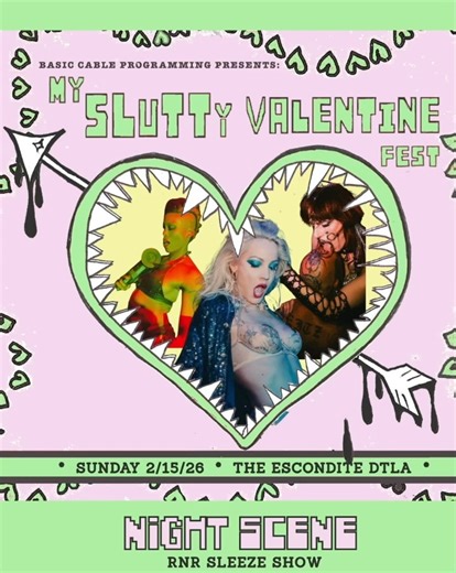 Basic Cable Programming on Instagram: "**𝓜𝓨 𝓢𝓛𝓤𝓣𝓣𝓨 𝓥𝓐𝓛𝓔𝓝𝓣𝓘𝓝𝓔 𝓕𝓔𝓢𝓣 2026** ✖️3 Stages ✖️20 Bands ✖️Sunday 2.15 ✖️ Come get weird..!! at The Escondite in DTLA for the My Slutty Valentine Fest iv 💋💋 💋with 20 bands, a full vendor market, a special sexy dance performance by @wearenightscene , face painting by @shitartclub , dog adoptions by @shelterstreetdogs , and the infamous Battle of the Bartenders 🌭HOT DOG EATING CONTEST 🌭 and more more more tba ‼️ • 21+ • 2:30pm doors •