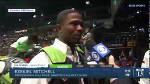 RIDING FOR "OUNCIE" - Last week, Demetrius Allen aka "Ouncie Mitchell," a professional bull rider in town for the Utah State Fair rodeo, was shot and killed. (bit.ly/3eOl4cP) His cousin, Ezekiel Mitchell, rode in his honor today and gave an emotional interview afterward: | FOX 13 News