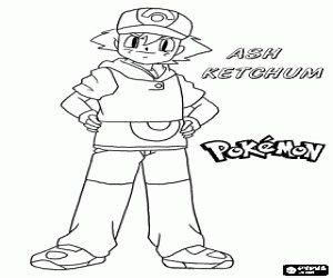 Ash Ketchum, Pokemon main character coloring page printable game