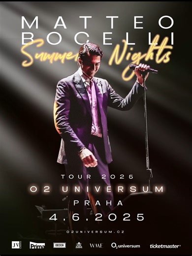 1.5K views | Již 4. 6. 2025 - MATTEO BOCELLI - Summer Nights - O2 universum Exkluzivní rozhovor s Matteo Bocelli - okouzlujícím zpěvákem, skladatelem a synem hvězdy Andrey Bocelliho. Zajímalo nás, jak vzpomíná na svůj loňský vyprodaný koncert v Praze. Sledujte nás! Další zajímavosti se dozvíte v další části rozhovoru.  Zajistěte si své vstupenky včas! www.o2universum.cz/events/matteo-bocelli-summer-nights/ | O2 arena | Facebook