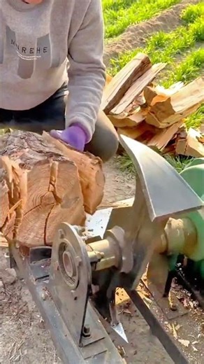 splitting large wooden logs into firewood pieces using a mechanical hydraulic log splitter machine