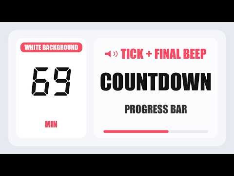 69 Minute Countdown Timer | Tick + Final Beep | White Background 4K