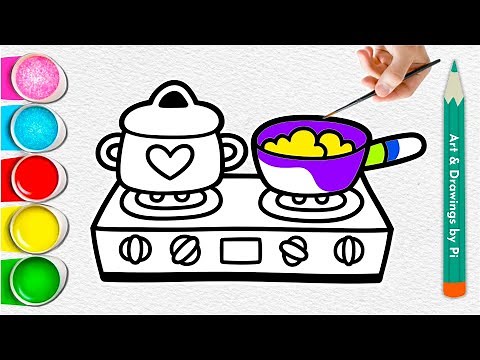 Cooking Stove Coloring for Kids | Pot and Pan Drawing | Learn Colors with Kitchen Items