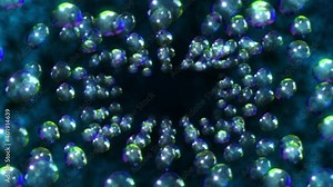 Flying many soap bubbles. Realistic water sphere with rainbow colors. 3D animation of glossy rainbow bubble rotating. Loop animation.