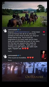 Caitríona Balfe showing how thrilled she is to have the legend that is Annie Lennox singing the Skye Boat Song for the series finale of Outlander, and referencing Sinéad O’Connor who sang the iconic song last season. “Dearest @officialannielennox ... it has been such an honour for all of us who have worked on this show to have you sing our finale theme tune. You’re such an inspiration in so many ways and to have both you and Sinéad be a part of our story for the last two seasons has made me prou