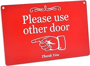 Reversible 'Please use other door' Sign - Red and White, Double Sided, Arrow, Hanging, Hand Illustration Pointing
