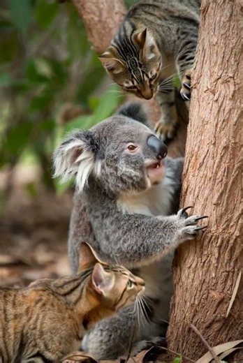 Koala vs Cats on a Tree 😳🐨🐱
