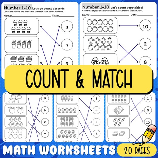 Count and Match Numbers Worksheets for Preschool & Kindergarten, Counting Objects to Numbers Activity - Etsy