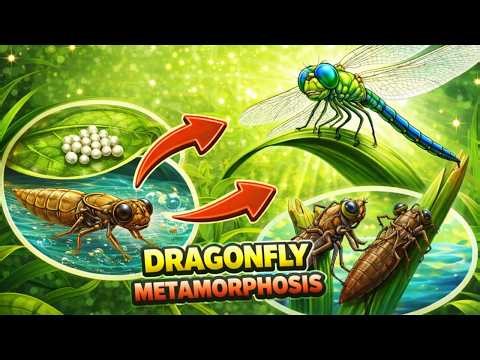 The miracle of life in nature. Dragonfly taking its first flight