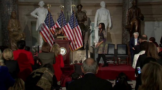 WATCH: Nancy Pelosi fakes out First Lady Michelle Obama during her introduction at a female veterans reception: "Not yet! I'm milking this for all it's worth." | ABC News Politics