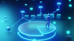 Business analysis and statistics. moving male entrepreneur studies digital graphs and company charts or financial report. character develops strategy for success. isometric graphic animated cartoon