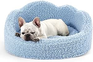 Lesure Dog Beds for Medium Dogs - Fluffy Cloud Pet Bed in Soft Sherpa Plush, Oval Foam Bolster Puppy Beds Fits up to 35 lbs, Cuddler Cat Beds for Indoor Cats with Removable Washable Cover, Blue