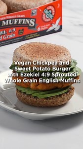 Our Vegan Chickpea & Sweet Potato Burger 🍔✨ on Ezekiel 4:9 Sprouted Whole Grain English Muffins is the upgrade your chickpeas deserve! Who knew our English muffins made the perfect burger bun? 🤯 Try it out and taste the magic! 🌱💛 Recipe on our website! 🔗 | Food For Life Baking Co.