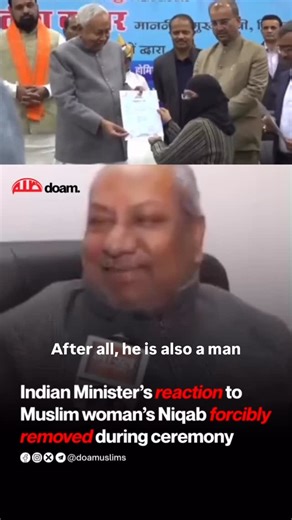 DOAM - Documenting Oppression Against Muslims on Instagram: "“What if he touched somewhere else?” Indian Minister Defends Nitish Kumar’s Removing Niqab Of Muslim Woman Sanjay Nishad, a minister in the UP Government and ally of the BJP, reacting to Bihar CM forcibly removing Niqab of a Muslim woman during an official ceremony. “One should not hound him just touching the Niqab caused such an uproar. What would have happened if somewhere else had been touched?”, Nishad said smiling and laughing. Fo