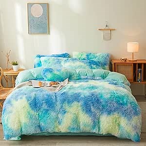 Fluffy Tie Dye comforters Cover Twin Size - Ultra Soft Plush Bedding Sets 2 Pieces (1 Faux Fur Comforter Cover + 1 Fuzzy Pillow case) Girls Shaggy Twin Bed Set (Tie Dye Mint, Twin)