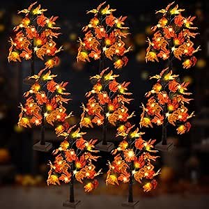 VIHOSE 8 Pack 24 Inch Thanksgiving Tree Decorations Prelit Fall Lighted Maple Tree with 192 LEDs, Pumpkin Acorn Lights Battery Powered Timer Artificial Autumn Tree for Fall Thanksgiving Home Decor