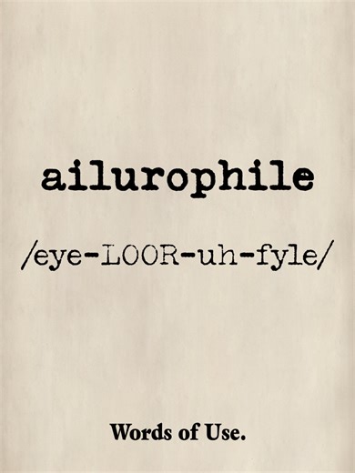Ailurophile — meaning and usage Ailurophile /eye-LOOR-uh-fyle/ · noun Meaning: A person who loves cats. Examples: As an ailurophile, she volunteered weekly at the local shelter. The self-confessed ailurophile owned more books about cats than novels. Would you use this word in writing or speech? Try using it in your own sentence. #wordoftheday #vocabulary #wordsofuse #learnenglish #englishwords #ailurophile