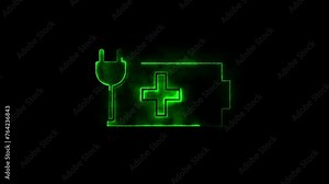 Glowing blue and purple neon battery icon. Neon charge battery sign with electric plug. Digital lithium-ion rechargeable battery symbol