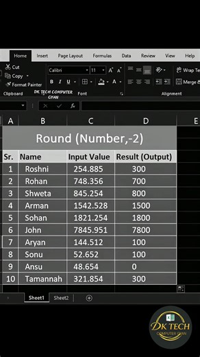 Excel ROUND Function with(-2)Nearest 100 in Seconds💯🚀 #fblifestyle #short #Microsoft #explore #trend | DK TECH Computer GYAN
