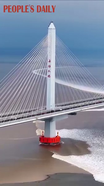 The Qiantang River tidal bore draws massive S-shaped curves on the shore, forming a spectacle against the towering Jiaxing-Shaoxing Sea Bridge in east China's Zhejiang Province. | People's Daily, China