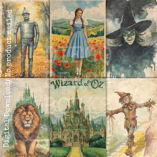 Wizard of Oz Character Prints Printable Vintage Postcards Scrapbook Cards Junk Journal Kit - Etsy