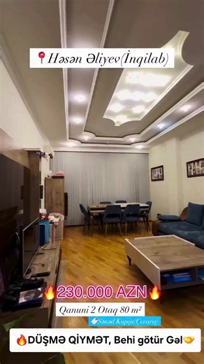 ❤LİKE EDİN ZEHMET OLMASA ☺️, Belə Gözel Mənzil Sizin üçün Olsun 🙏🏻 ☎️055-394-60-96 - Ataş bəy 📍Həsən Əliyev küçəsi, Ximqorodok Yeni tikili bina 17/4-cü mərtəbəsi 80kv Qanuni 2 Otaqlı Mənzil Satılır. 🔹️Binanın Yeralti qarajı, geniş və qorunan Həyəti var. ✅Sənəd: Kupça(Çıxarış) var ⚜️Qiymət : Əşyasız : 230.000 AZN Əşyalı : 235.000 AZN