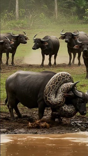 Buffalo Trapped! Giant Python Constriction at the Riverbank #python #buffalo