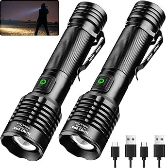NAKCNM Rechargeable Flashlight High Lumens 2000, 5 Modes Small Powerful Super Bright Flashlights LED Strong Pocket Flash Light USB C with Clip for Home,Camping(2 Pack)