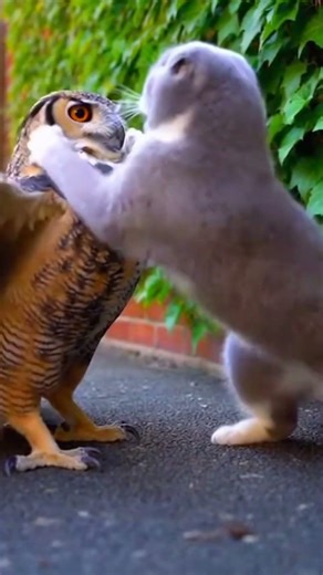 Great horned owl want play with cat